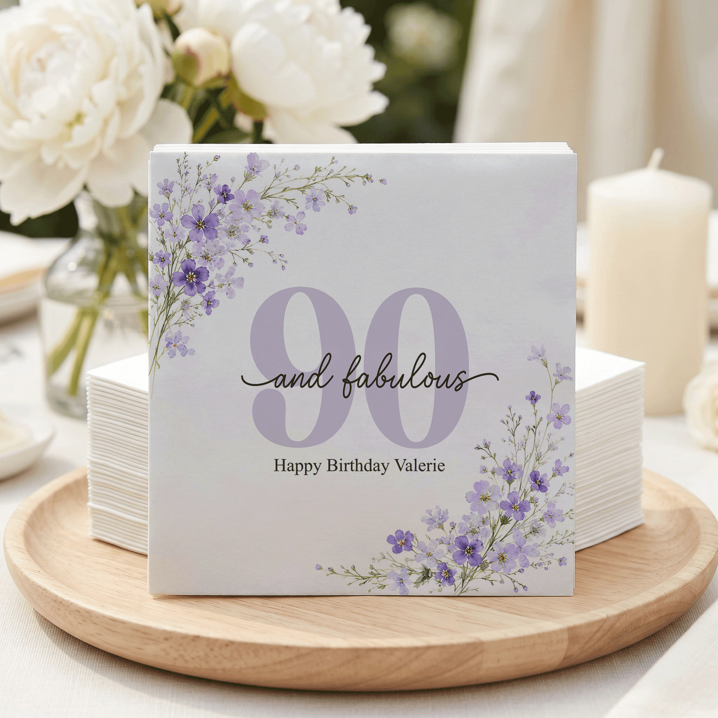 Lavender Wildflower 90th Birthday Napkins, Personalized - Pretty Gifted