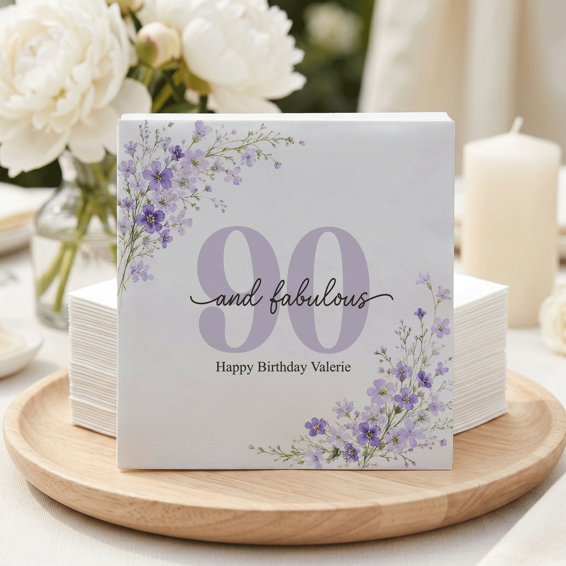 Lavender Wildflower 90th Birthday Napkins, Personalized - Pretty Gifted