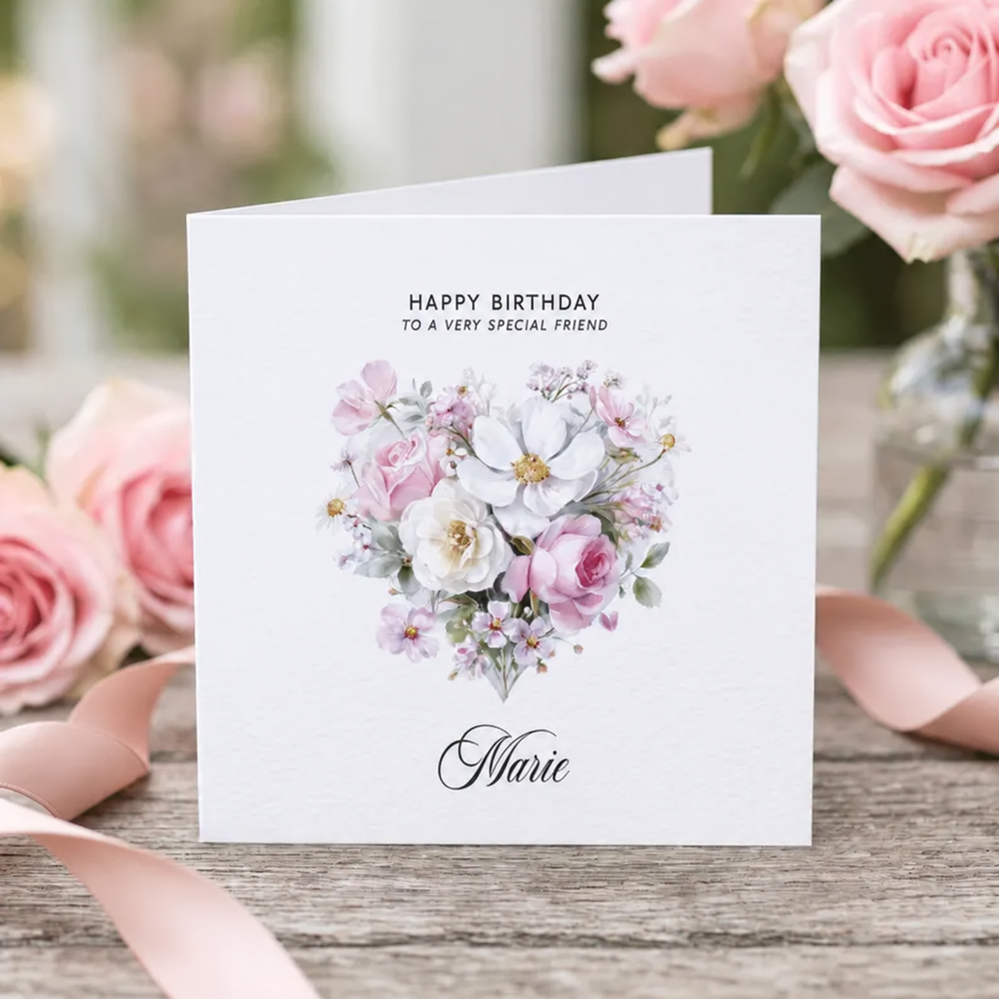 Personalized special friend birthday card with a pink and white floral heart