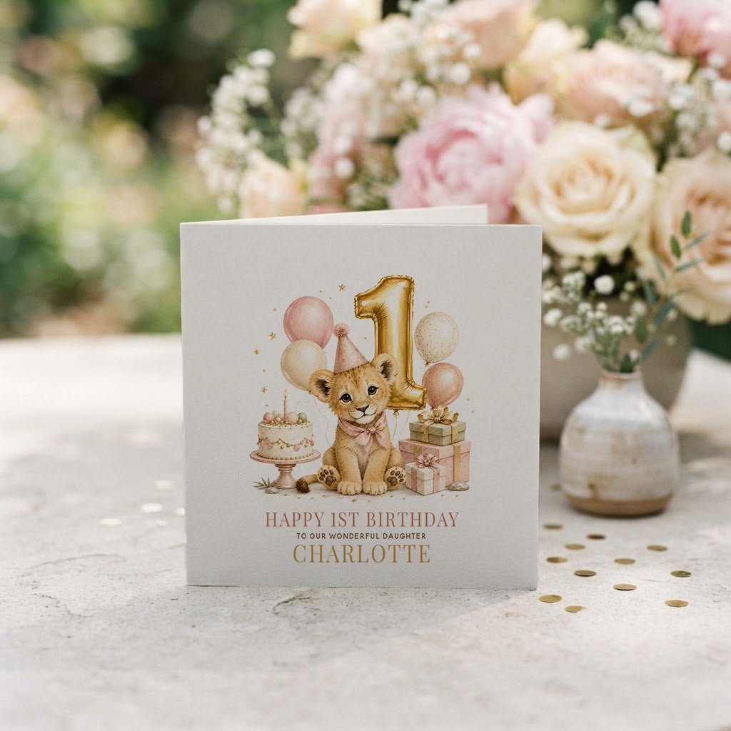 Lion Cub 1st Birthday Card | Personalized Baby Daughter - Pretty Gifted