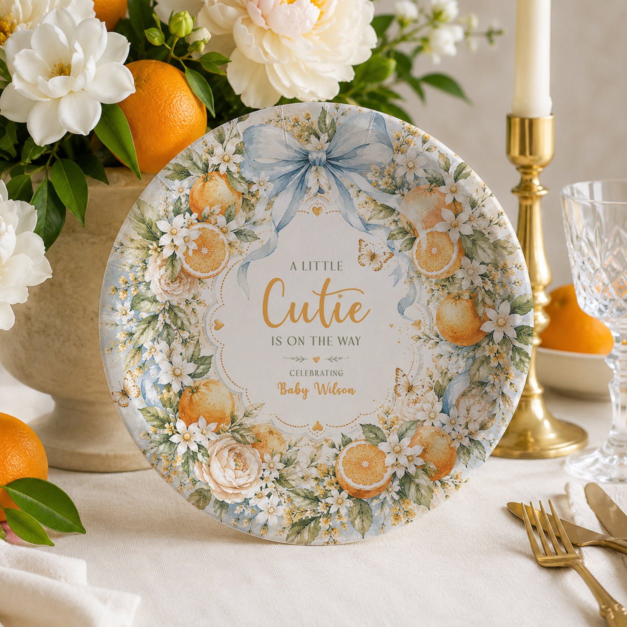 Little Cutie Baby Shower Plates, Citrus Wreath, Personalized - Pretty Gifted