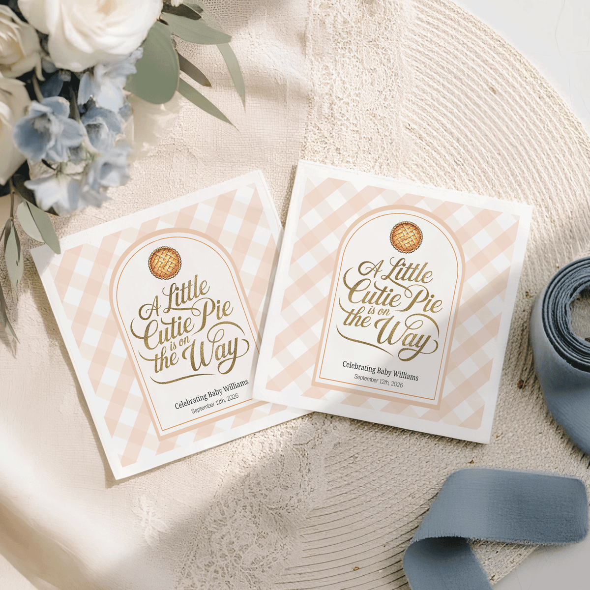 Little Cutie Pie Baby Shower Napkins in Peach Gingham - Pretty Gifted