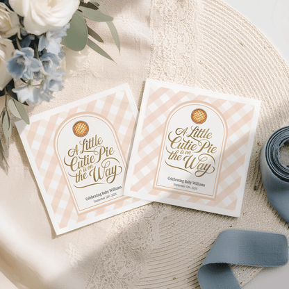 Little Cutie Pie Baby Shower Napkins in Peach Gingham - Pretty Gifted