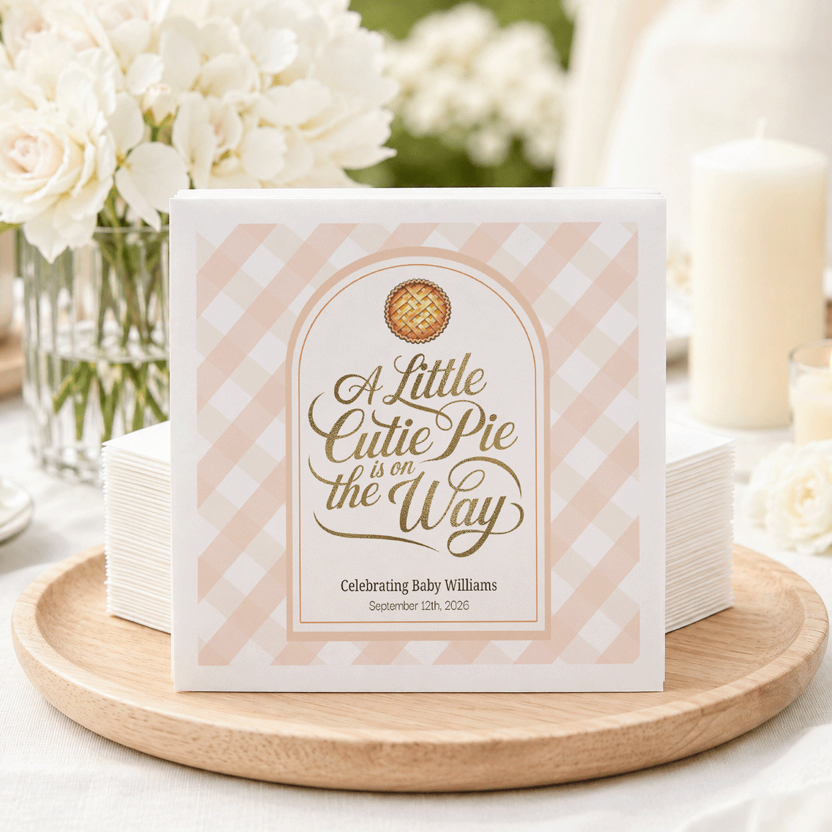 Little Cutie Pie Baby Shower Napkins in Peach Gingham - Pretty Gifted