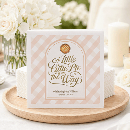 Little Cutie Pie Baby Shower Napkins in Peach Gingham - Pretty Gifted