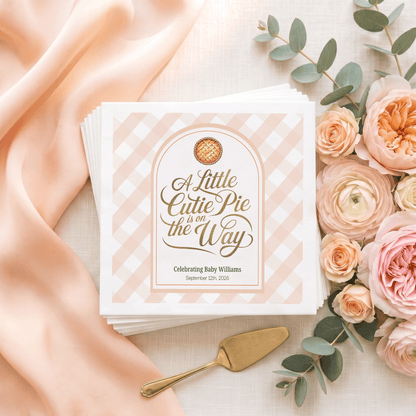 Little Cutie Pie Baby Shower Napkins in Peach Gingham - Pretty Gifted