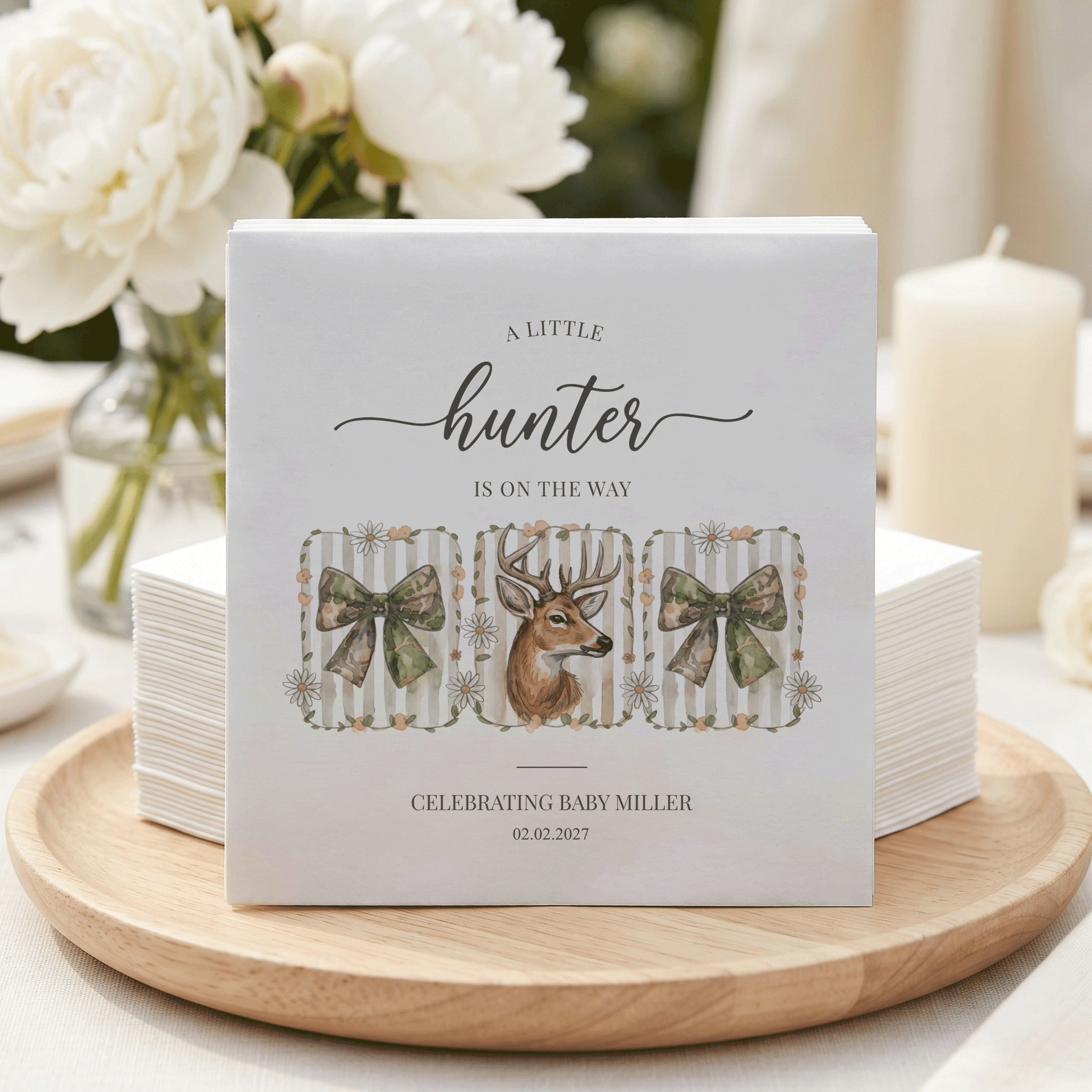 Little Hunter Baby Shower Napkins – Deer Antler Camo Bow Cocktail Napkins - Pretty Gifted