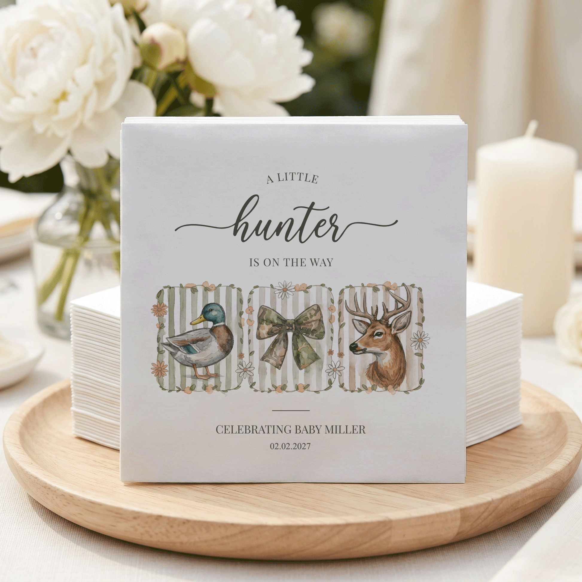 Little Hunter Baby Shower Napkins – Duck Deer Camo Bow Woodland Napkins - Pretty Gifted