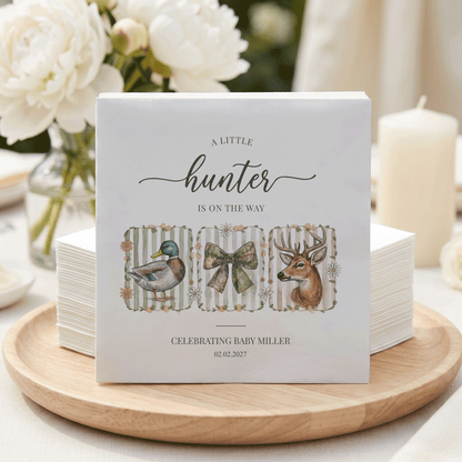 Little Hunter Baby Shower Napkins – Duck Deer Camo Bow Woodland Napkins - Pretty Gifted
