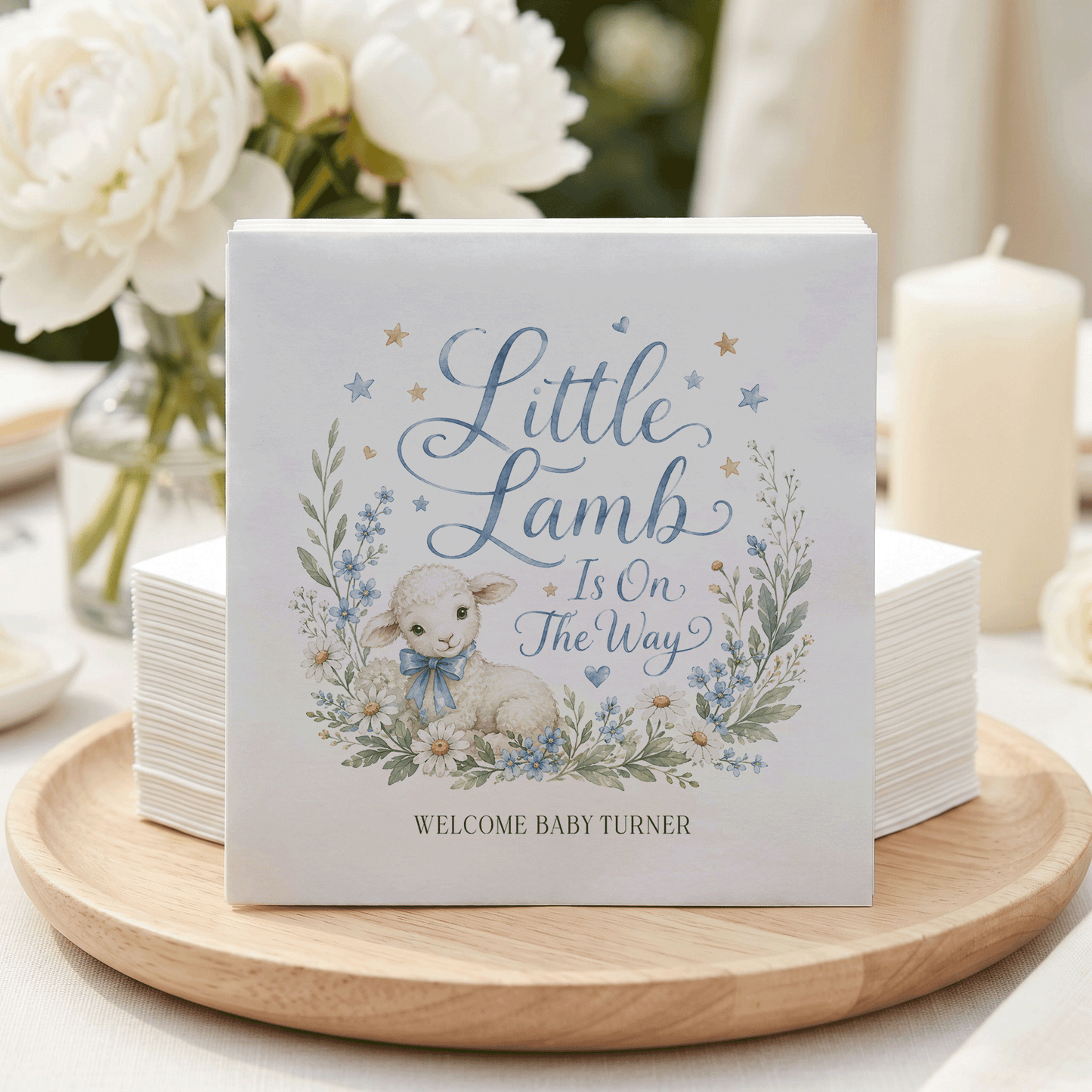 Little Lamb Boy Baby Shower Napkins, Personalized - Pretty Gifted