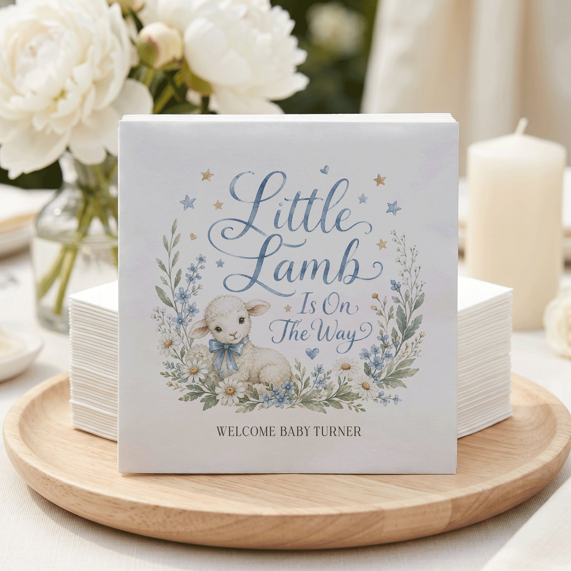 Little Lamb Boy Baby Shower Napkins, Personalized - Pretty Gifted