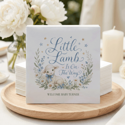 Little Lamb Boy Baby Shower Napkins, Personalized - Pretty Gifted