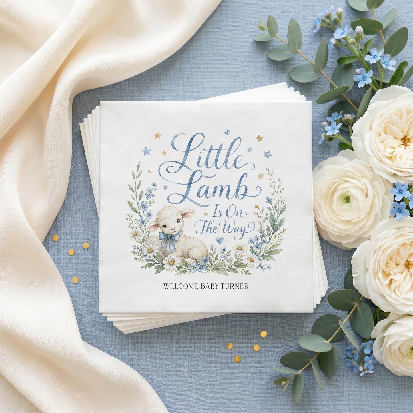 Little Lamb Boy Baby Shower Napkins, Personalized - Pretty Gifted
