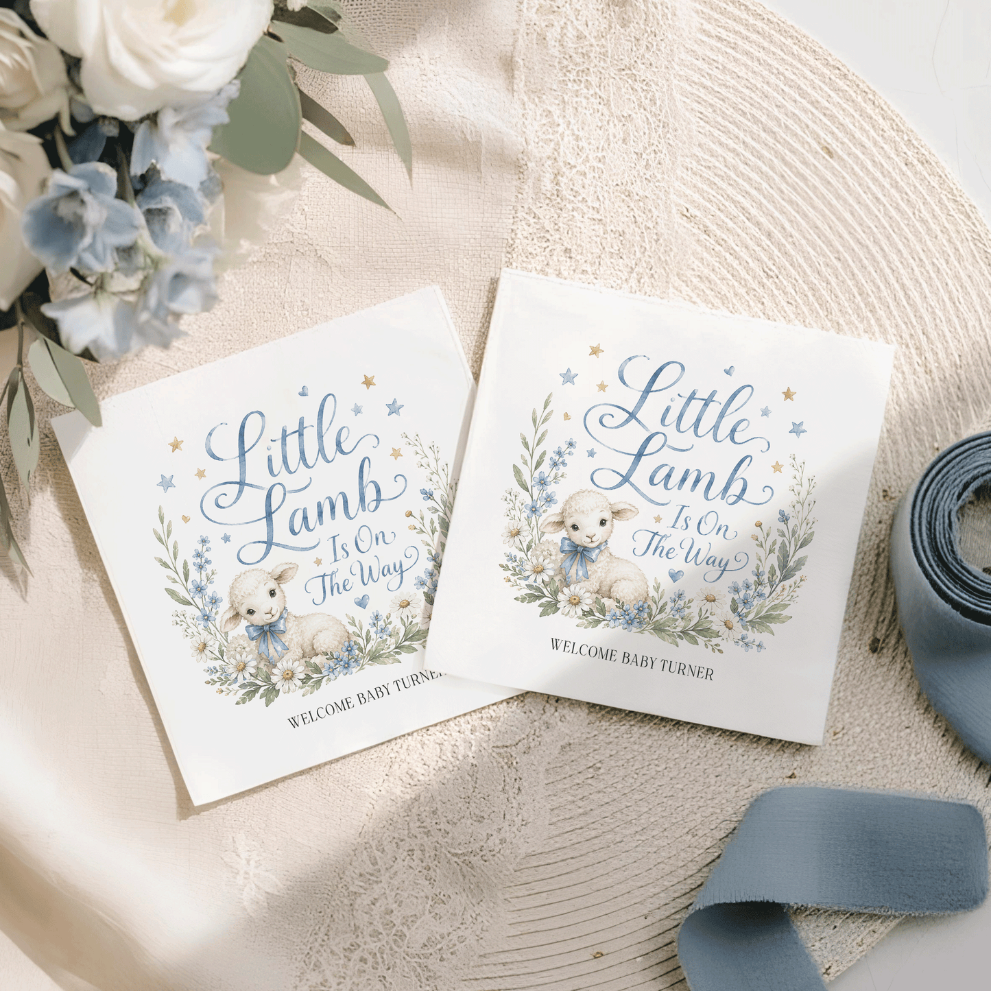 Little Lamb Boy Baby Shower Napkins, Personalized - Pretty Gifted