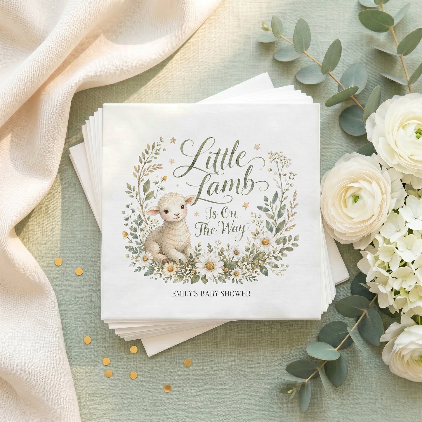 Little Lamb Neutral Baby Shower Napkins, Personalized - Pretty Gifted