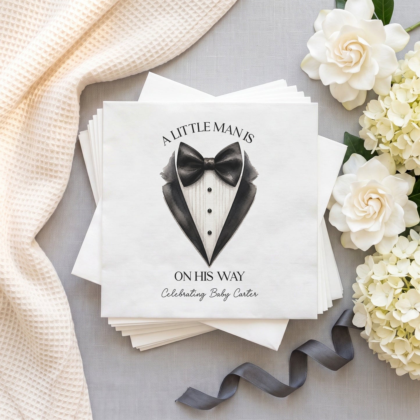 Little Man Baby Shower Napkins, Personalized Tuxedo Design - Pretty Gifted