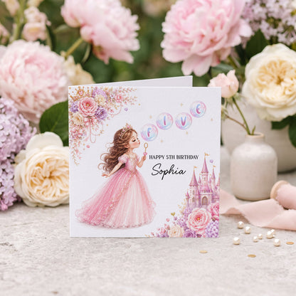 Little Princess 5th Birthday Card, Personalized with Name - Pretty Gifted