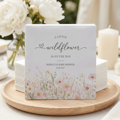 Little Wildflower Baby Shower Napkins – Pink Floral Baby Girl Cocktail Napkins - Pretty Gifted