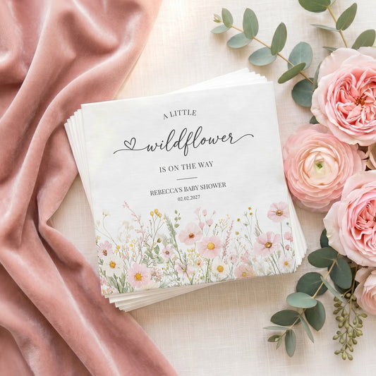 Little Wildflower Baby Shower Napkins – Pink Floral Baby Girl Cocktail Napkins - Pretty Gifted