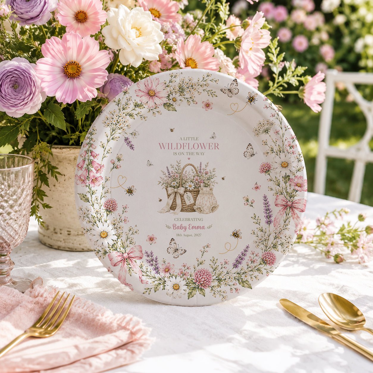 Little Wildflower Baby Shower Plates, Girl, Personalized - Pretty Gifted
