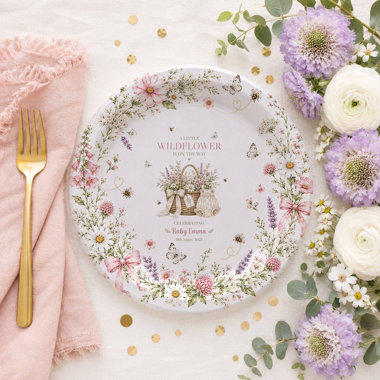 Little Wildflower Baby Shower Plates, Girl, Personalized - Pretty Gifted