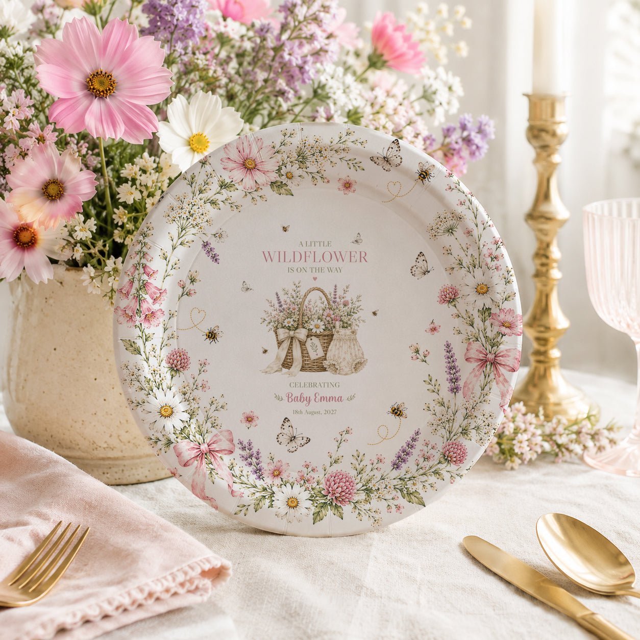 Little Wildflower Baby Shower Plates, Girl, Personalized - Pretty Gifted