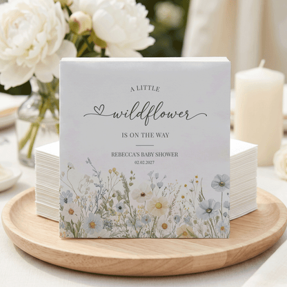 Little Wildflower Boy Baby Shower Napkins Personalized Name Date Blue - Pretty Gifted
