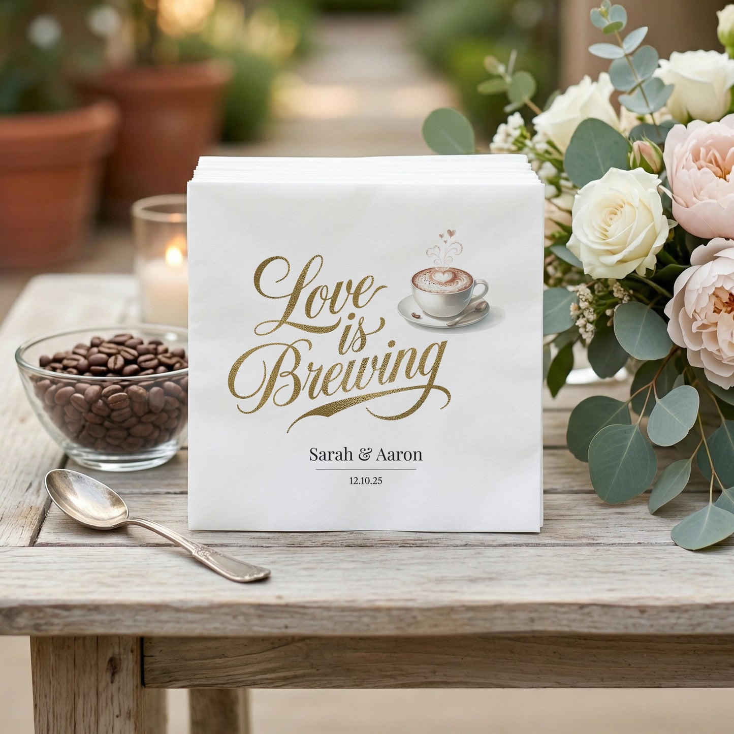 Love is Brewing Napkins, Coffee Themed Bridal Shower - Pretty Gifted