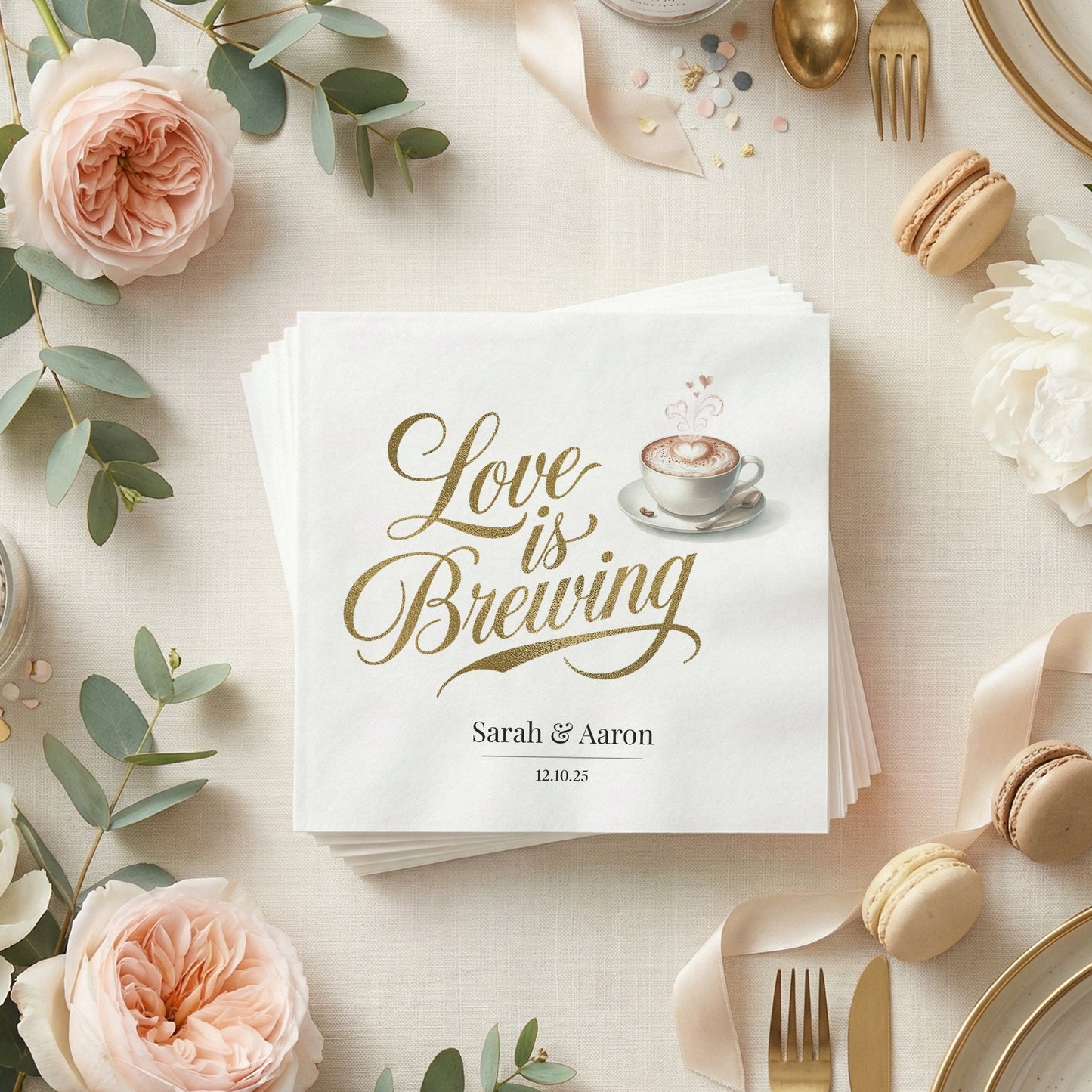 Love is Brewing Napkins, Coffee Themed Bridal Shower - Pretty Gifted