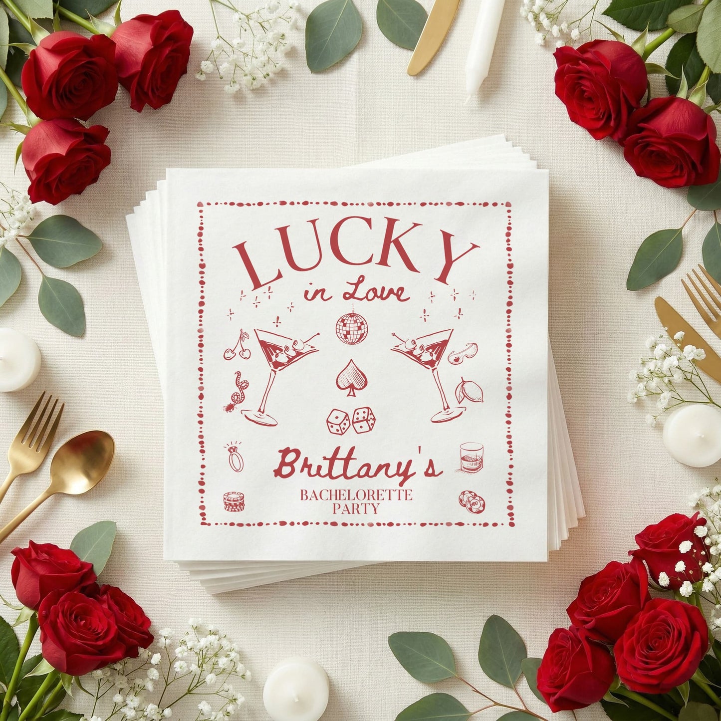 Lucky in Love Napkins, Bachelorette Party Supplies - Pretty Gifted