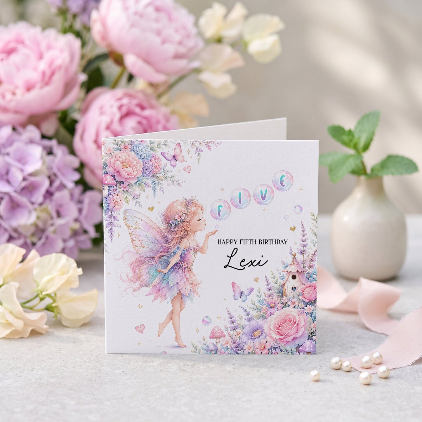 Magical Fairy 5th Birthday Card, Personalized with Name - Pretty Gifted