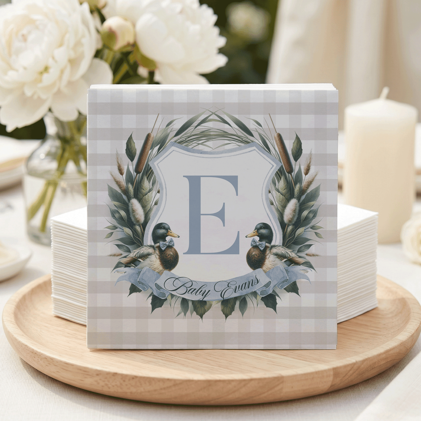 Mallard Duck Baby Shower Napkins, Gingham Monogram, Personalized - Pretty Gifted
