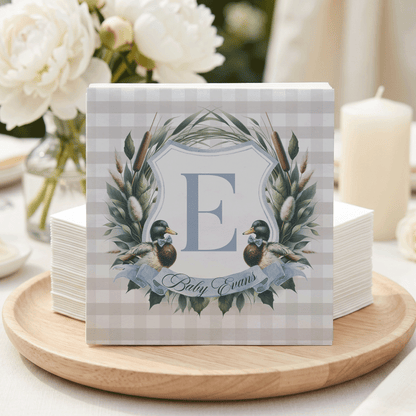 Mallard Duck Baby Shower Napkins, Gingham Monogram, Personalized - Pretty Gifted
