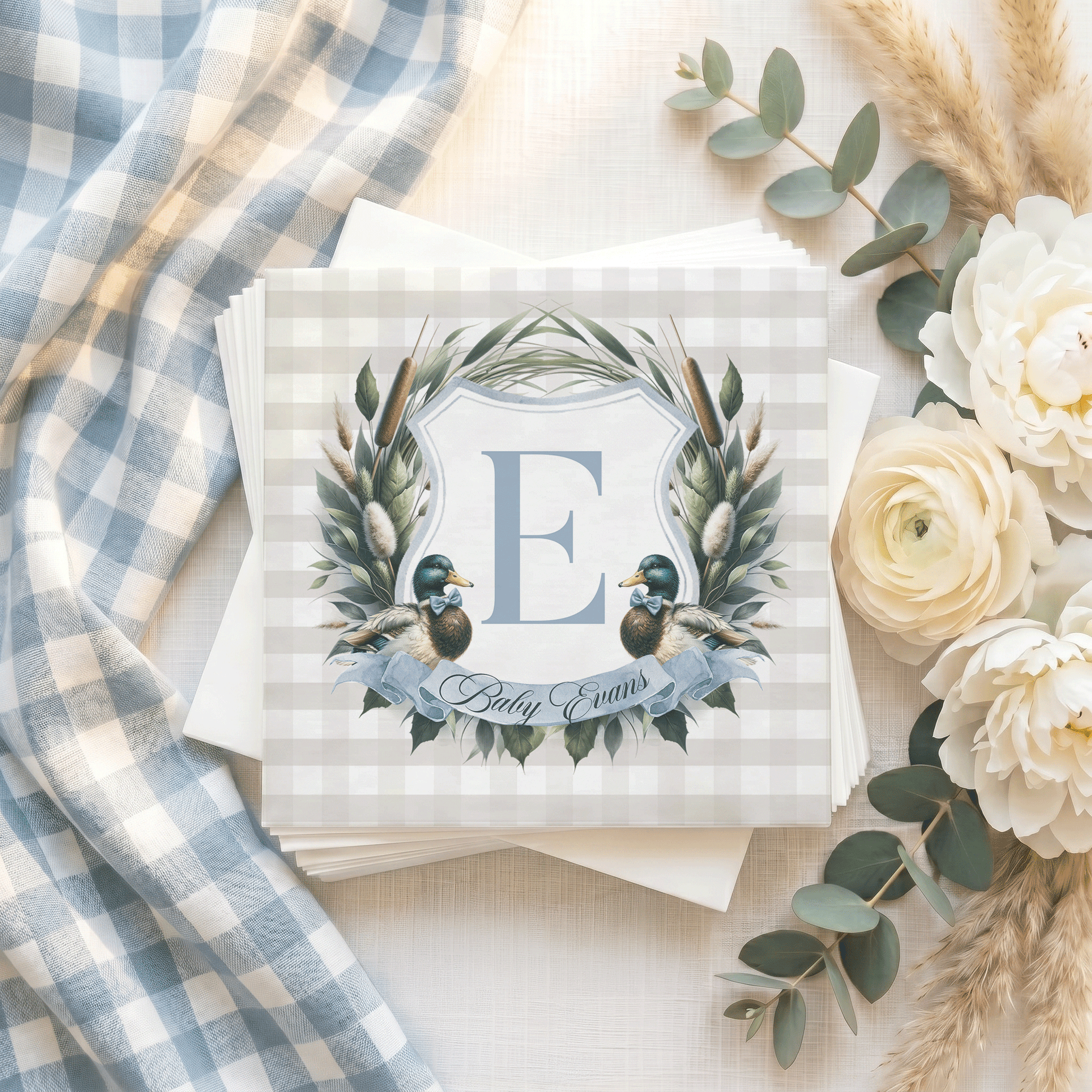 Mallard Duck Baby Shower Napkins, Gingham Monogram, Personalized - Pretty Gifted