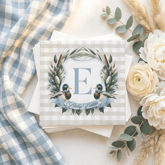 Mallard Duck Baby Shower Napkins, Gingham Monogram, Personalized - Pretty Gifted