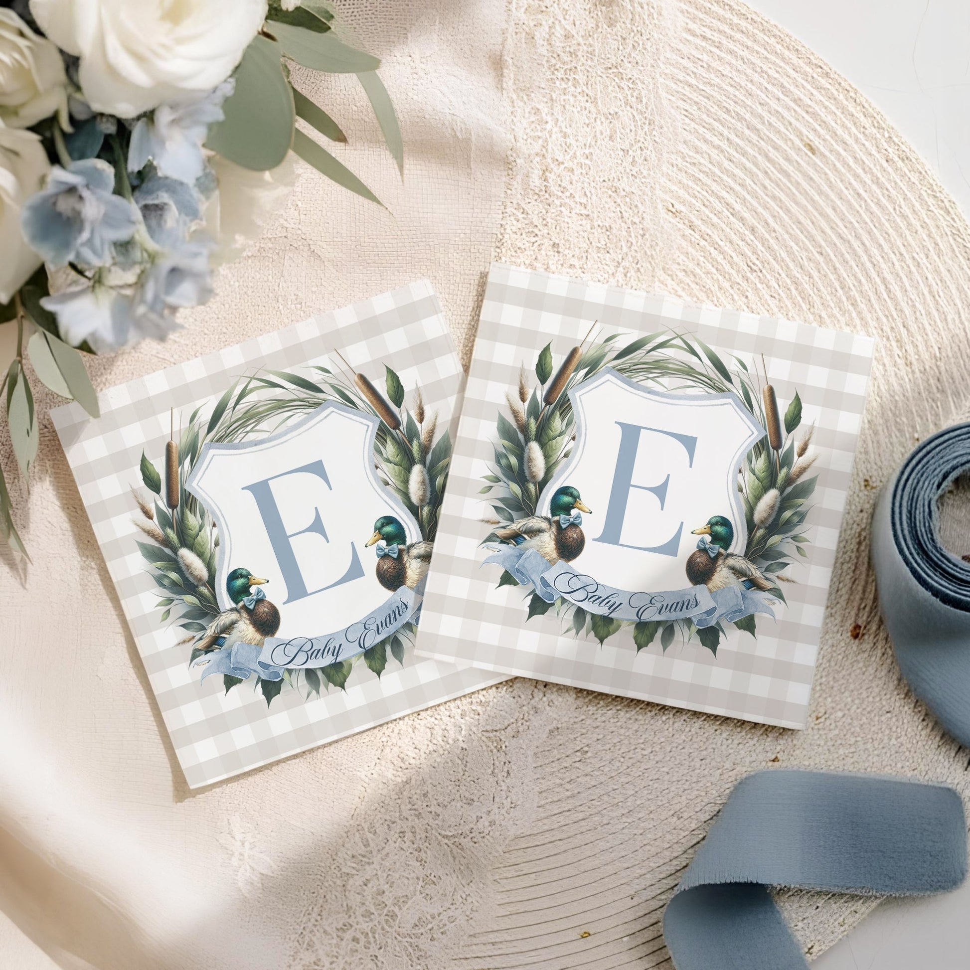 Mallard Duck Baby Shower Napkins, Gingham Monogram, Personalized - Pretty Gifted
