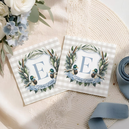 Mallard Duck Baby Shower Napkins, Gingham Monogram, Personalized - Pretty Gifted