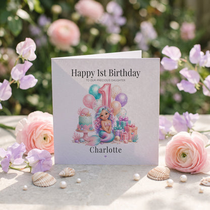 Mermaid 1st Birthday Card | Personalized Baby Daughter - Pretty Gifted