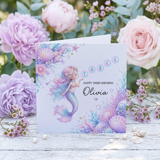 Mermaid 3rd Birthday Card for Girl | Personalized Third Birthday Gift - Pretty Gifted