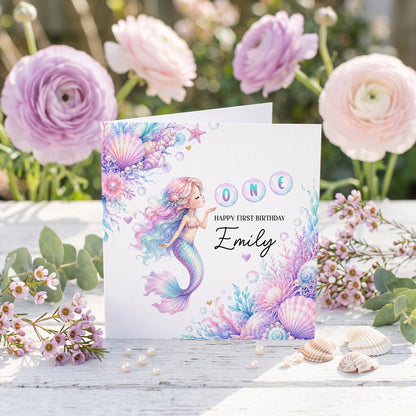 Mermaid First Birthday Card for Girl | Personalized 1st Birthday Name Gift - Pretty Gifted