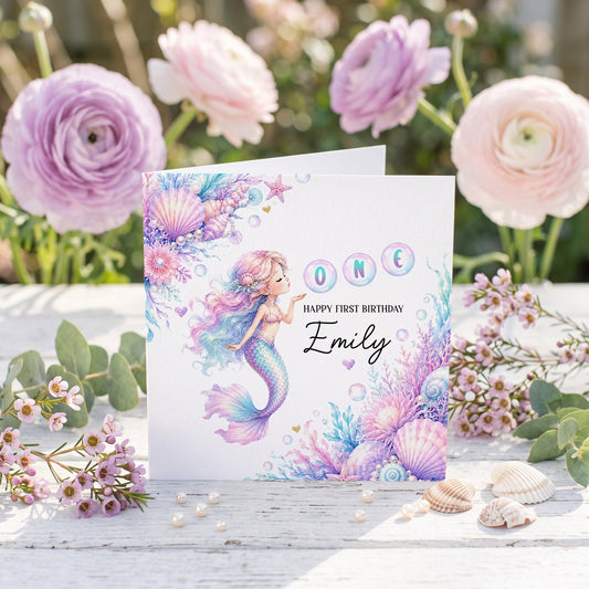 Mermaid First Birthday Card for Girl | Personalized 1st Birthday Name Gift - Pretty Gifted
