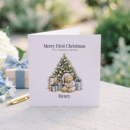 Merry 1st Christmas Nephew Card | Personalized Teddy Bear - Pretty Gifted
