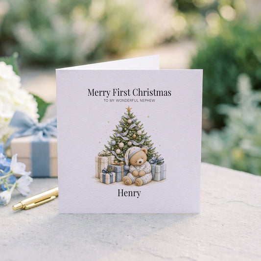 Merry 1st Christmas Nephew Card | Personalized Teddy Bear - Pretty Gifted