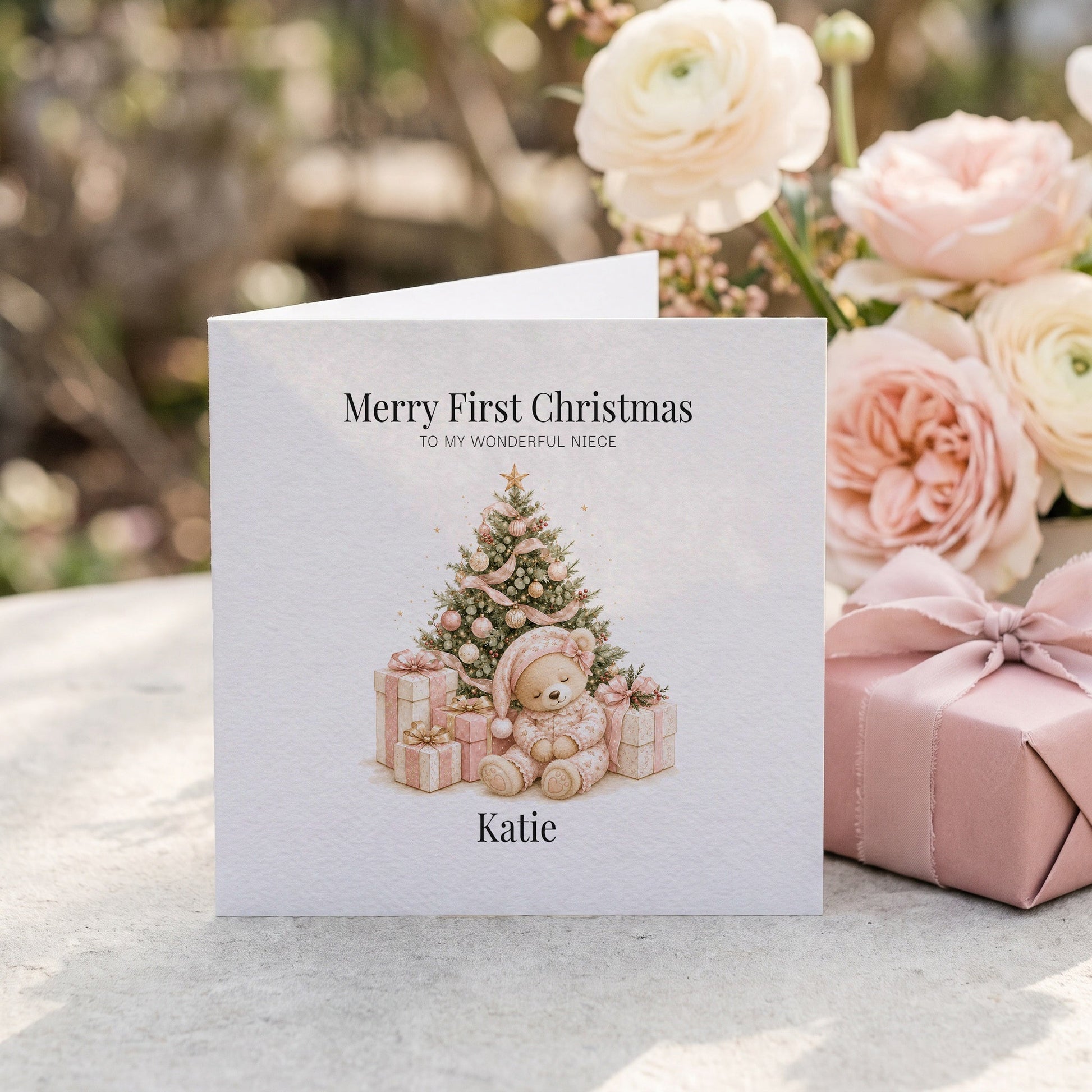Merry 1st Christmas Niece Card | Personalized Teddy Bear - Pretty Gifted