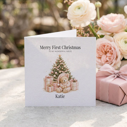 Merry 1st Christmas Niece Card | Personalized Teddy Bear - Pretty Gifted