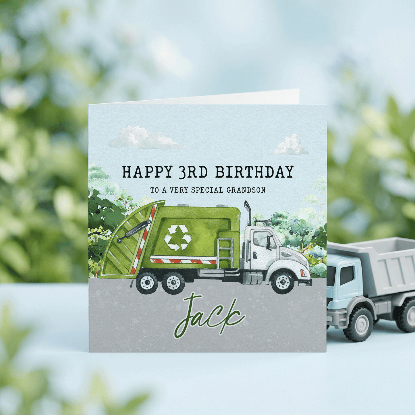 Personalized Garbage Truck Birthday Card for Kids, Custom Name