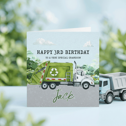 Personalized Garbage Truck Birthday Card for Kids, Custom Name