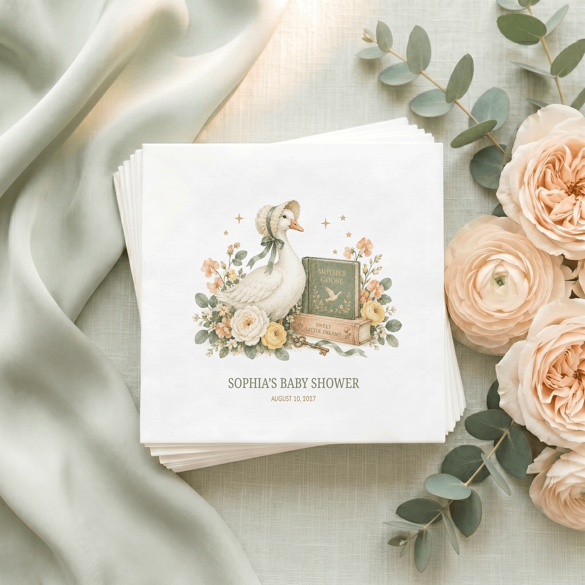 Mother Goose Baby Shower Napkins, Sage Storybook Style - Pretty Gifted