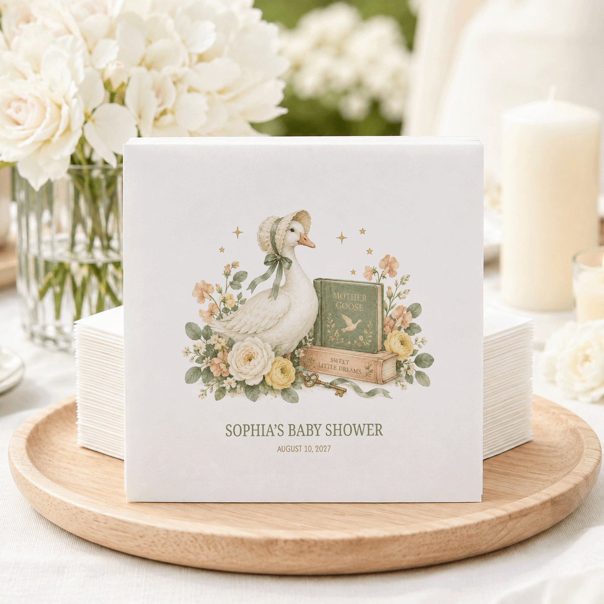 Mother Goose Baby Shower Napkins, Sage Storybook Style - Pretty Gifted