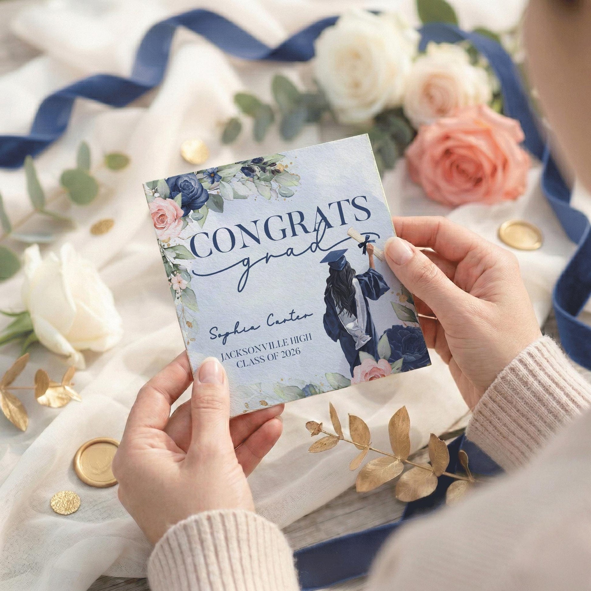 Navy Blush Graduation Card Personalized, Congrats Grad Watercolor - Pretty Gifted